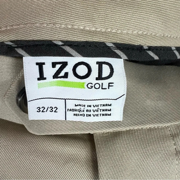 Izod Mens Golf Pants Khaki Beige Classic Fit Flat Front Chino Business 32x32 NWT - Picture 2 of 11